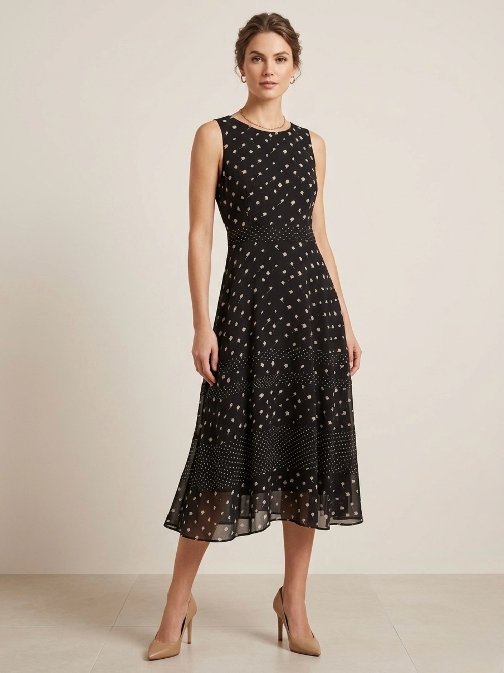 Neiman Marcus - Black Midi Dress with Cream Dot Pattern